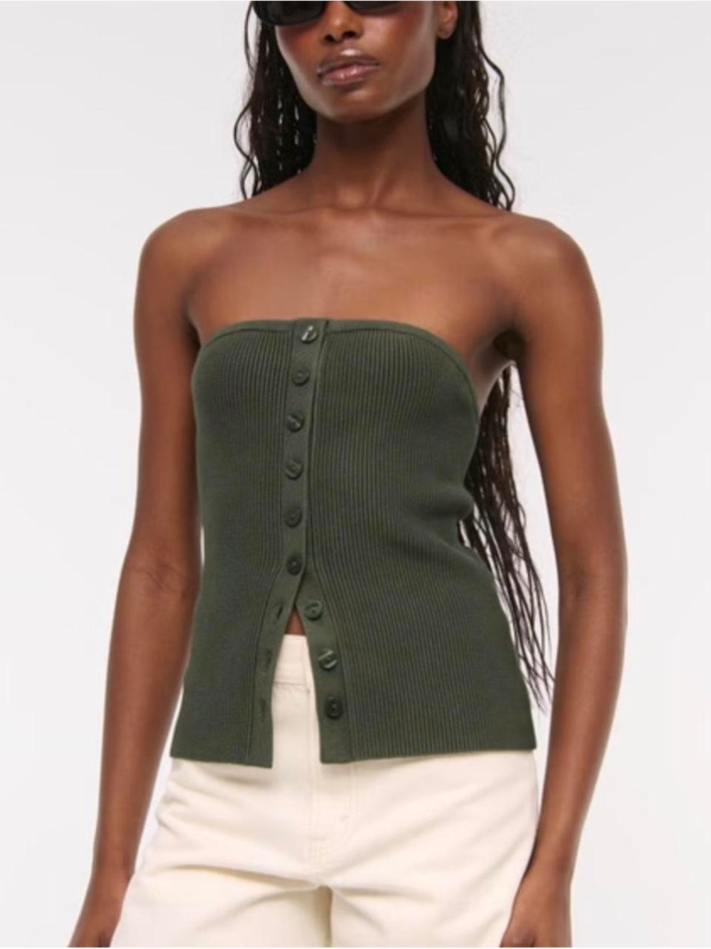 Abercrombie Strapless Button-Front Ribbed Tank - Olive Green